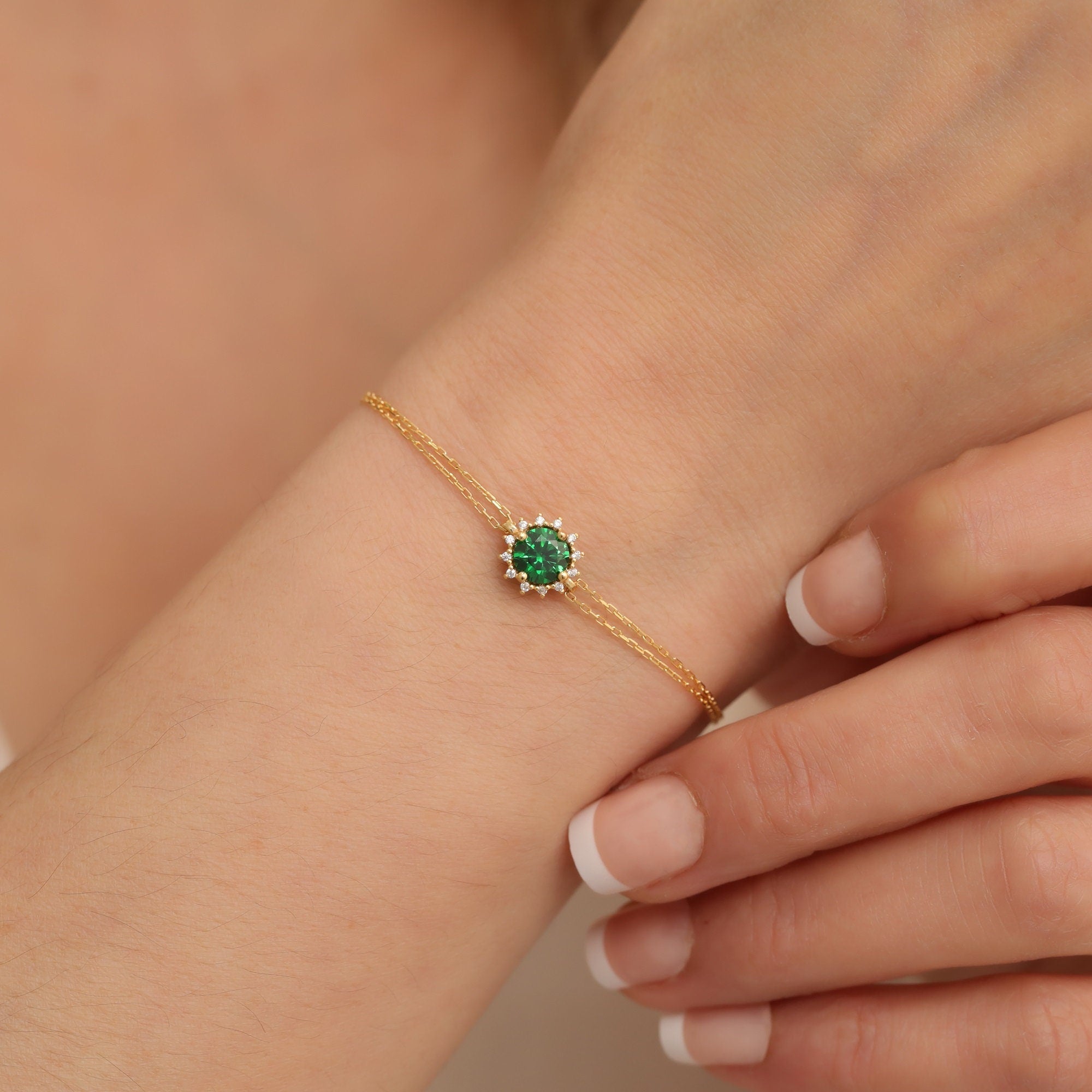 Real Diamond Emerald Bracelet, 14K Solid Gold, May Birthstone Bracelet, Perfect Gift for Mother's Day - Girlfriend - Wife