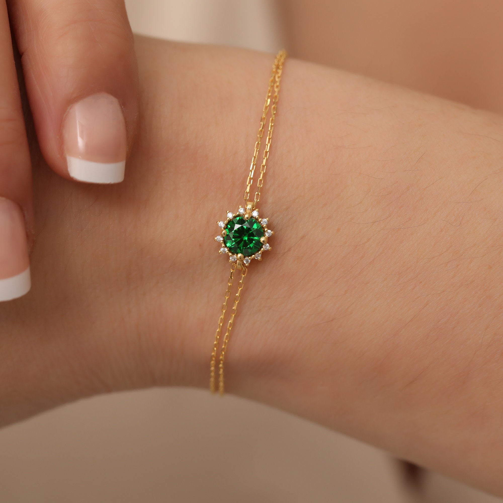 Real Diamond Emerald Bracelet, 14K Solid Gold, May Birthstone Bracelet, Perfect Gift for Mother's Day - Girlfriend - Wife