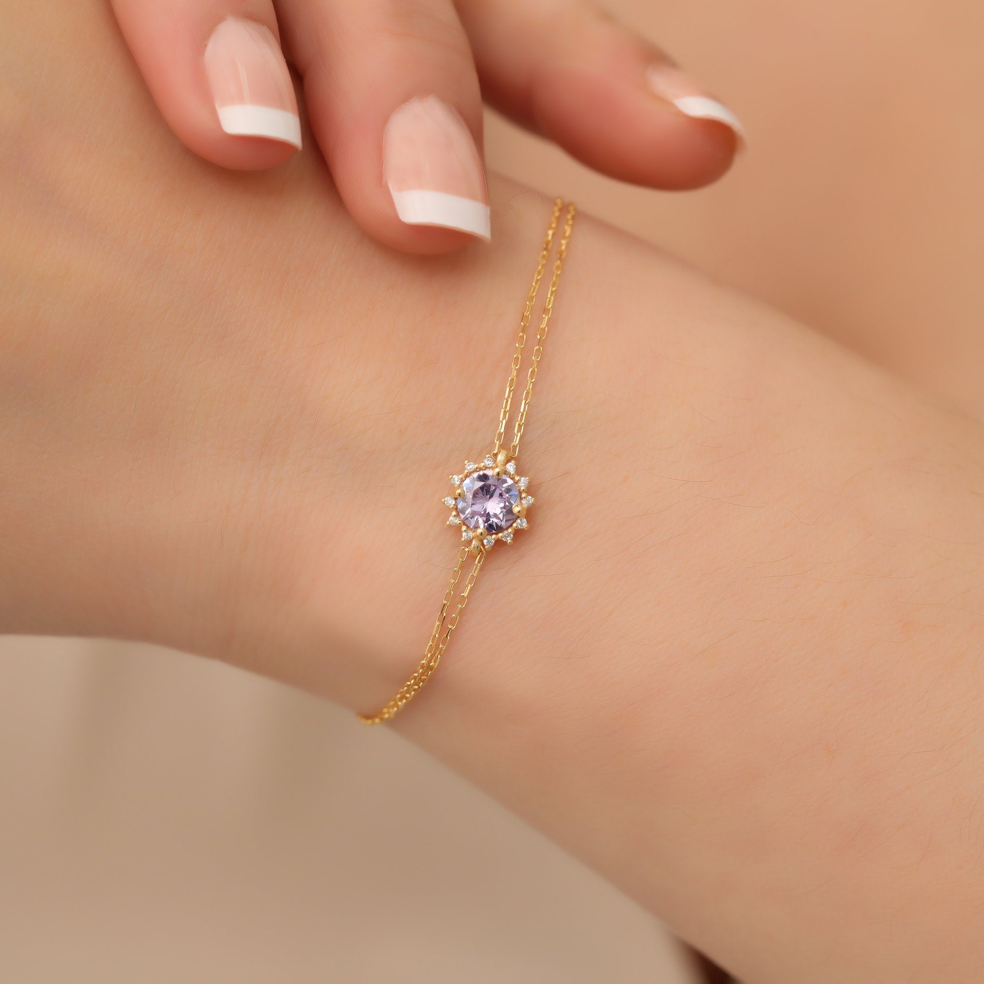 Real Diamond Round Alexandrite Bracelet, 14K Solid Gold, June Birthstone, Perfect Gift for Mother's Day - Girlfriend - Wife