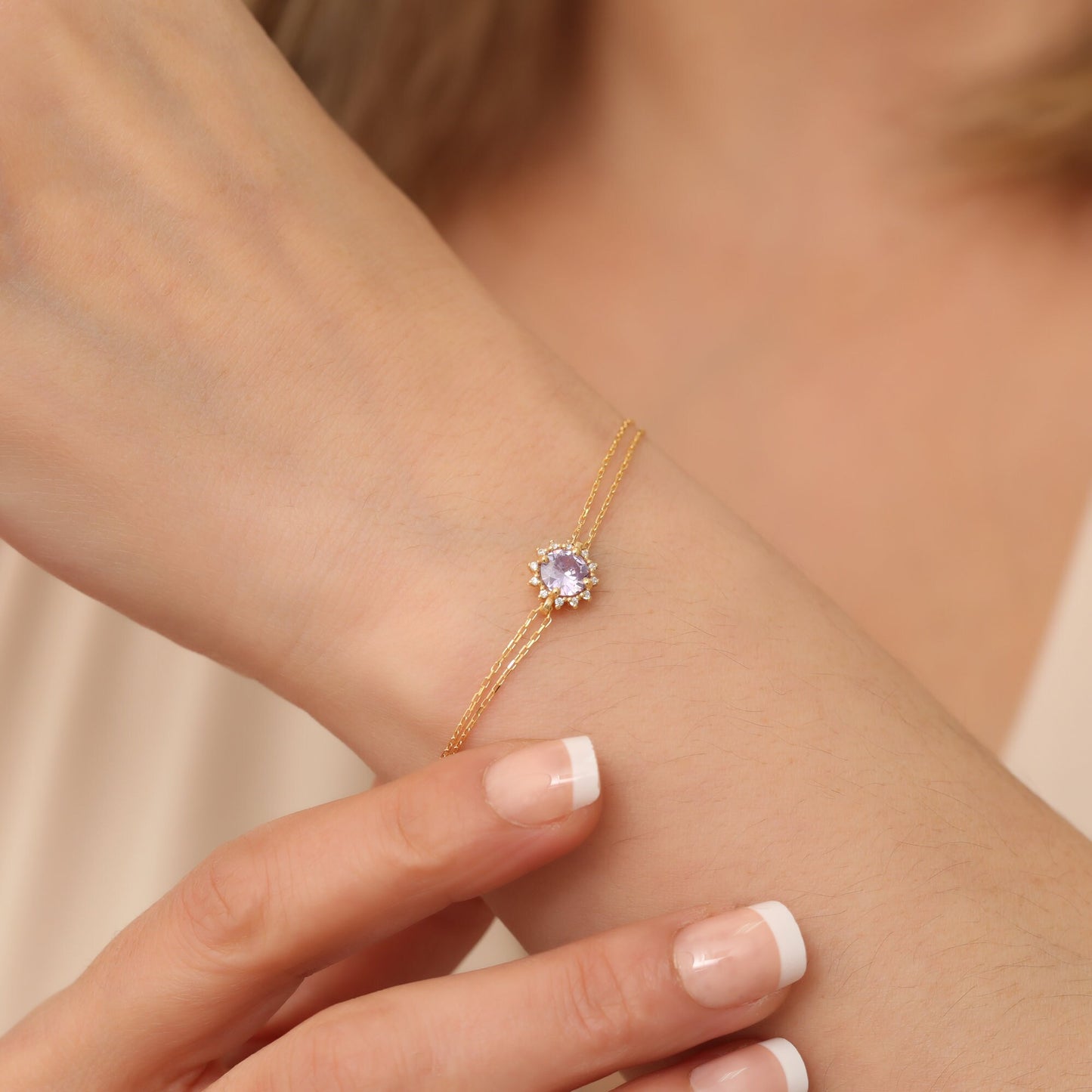 Real Diamond Round Alexandrite Bracelet, 14K Solid Gold, June Birthstone, Perfect Gift for Mother's Day - Girlfriend - Wife