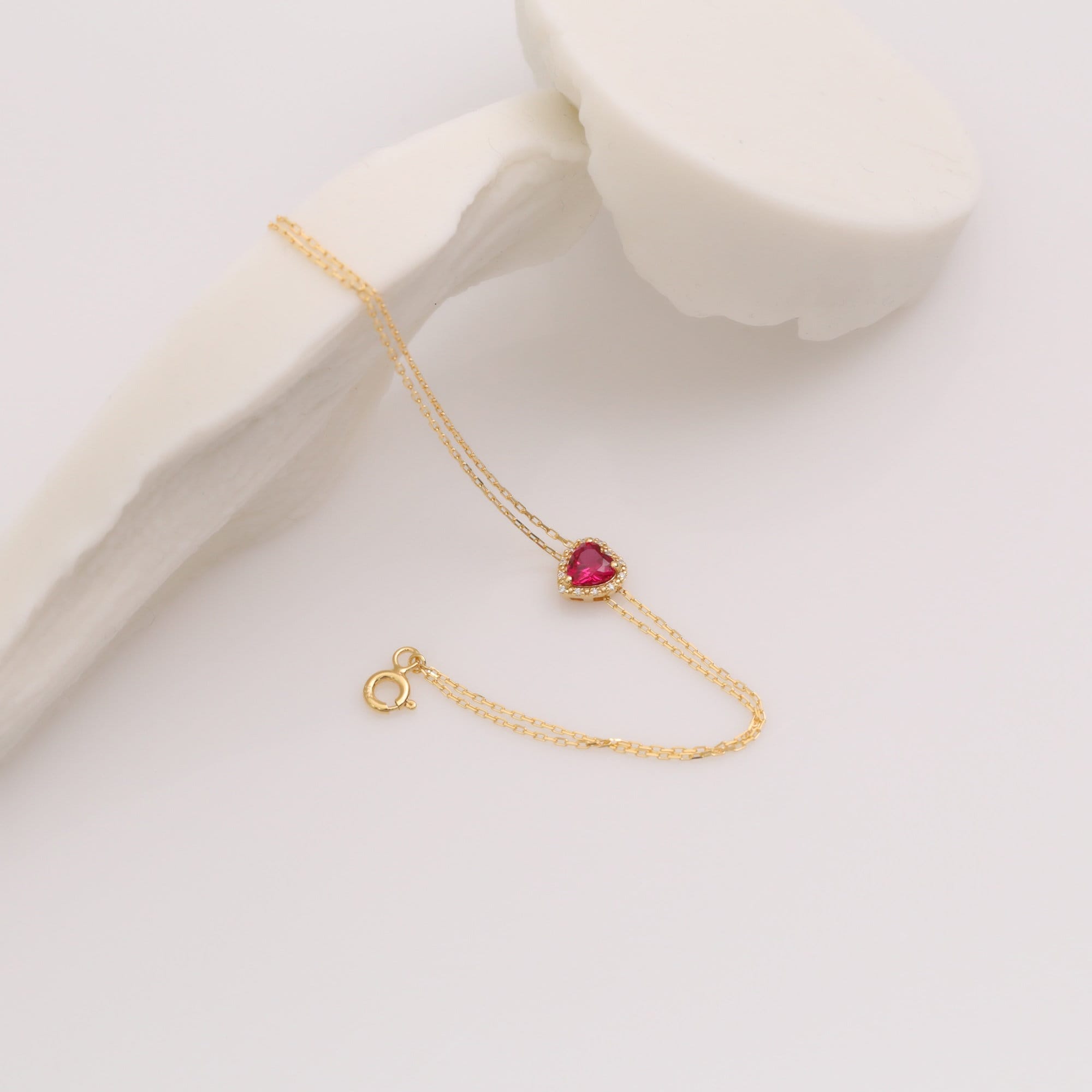 Heart Ruby 14K Solid Gold Real Diamond Bracelet, Birthstone July Jewelry, Perfect Birthday, Anniversary, Engagement or Mother's Day Gift