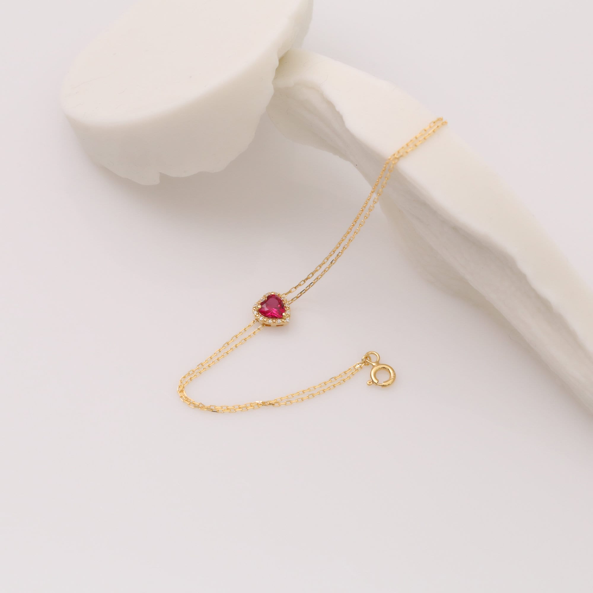 Heart Ruby 14K Solid Gold Real Diamond Bracelet, Birthstone July Jewelry, Perfect Birthday, Anniversary, Engagement or Mother's Day Gift