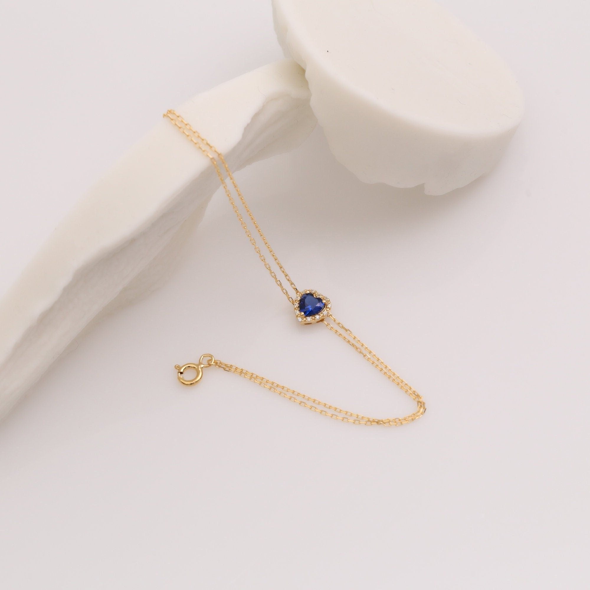 Heart Sapphire Bracelet 14K Solid Gold Real Diamond, Sapphire Birthstone September Jewelry,Perfect Birthday,Anniversary or Mother's Day Gift