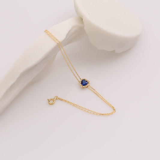 Heart Sapphire Bracelet 14K Solid Gold Real Diamond, Sapphire Birthstone September Jewelry,Perfect Birthday,Anniversary or Mother's Day Gift