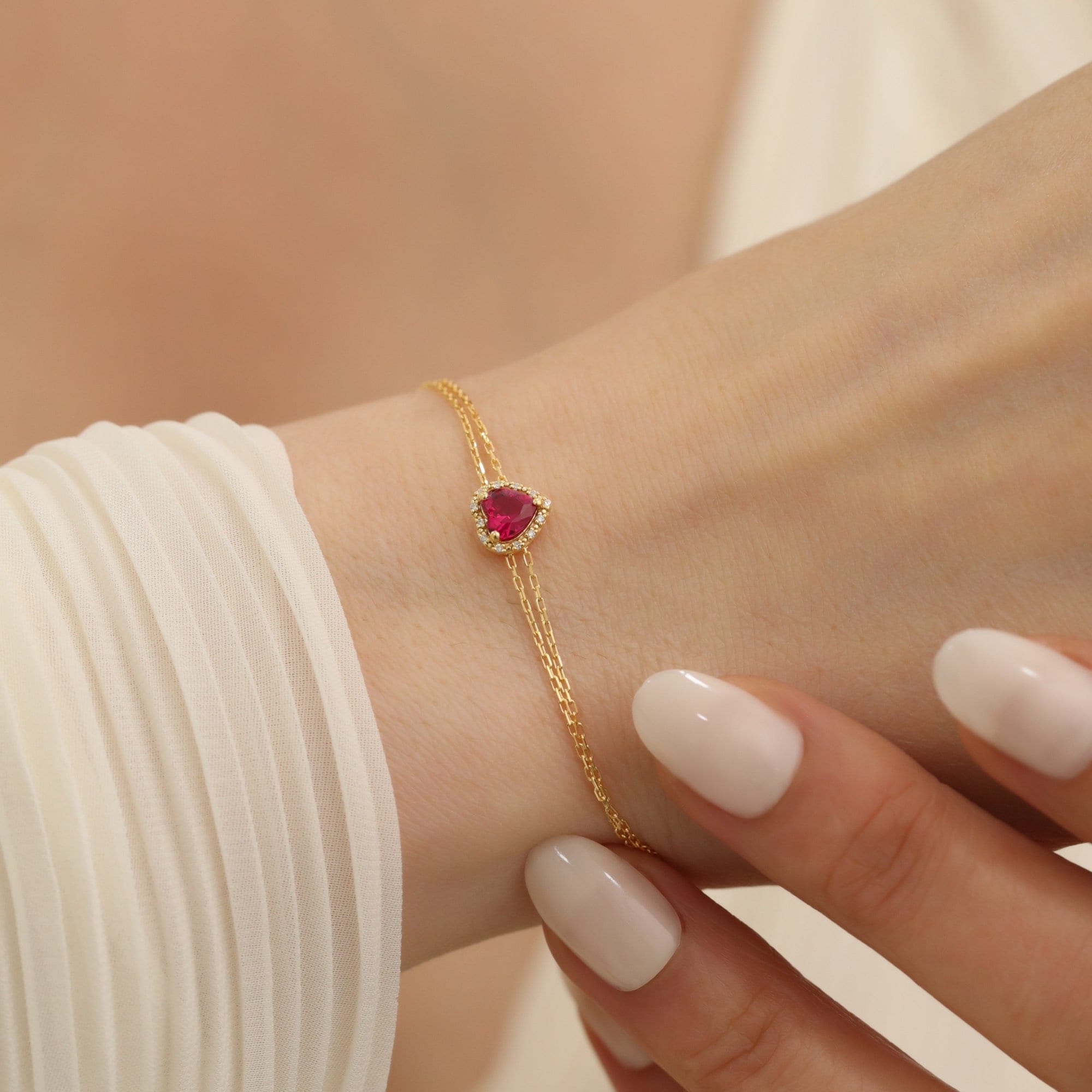 Heart Ruby 14K Solid Gold Real Diamond Bracelet, Birthstone July Jewelry, Perfect Birthday, Anniversary, Engagement or Mother's Day Gift