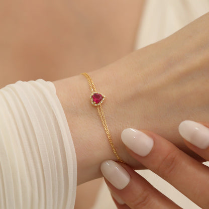 Heart Ruby 14K Solid Gold Real Diamond Bracelet, Birthstone July Jewelry, Perfect Birthday, Anniversary, Engagement or Mother's Day Gift