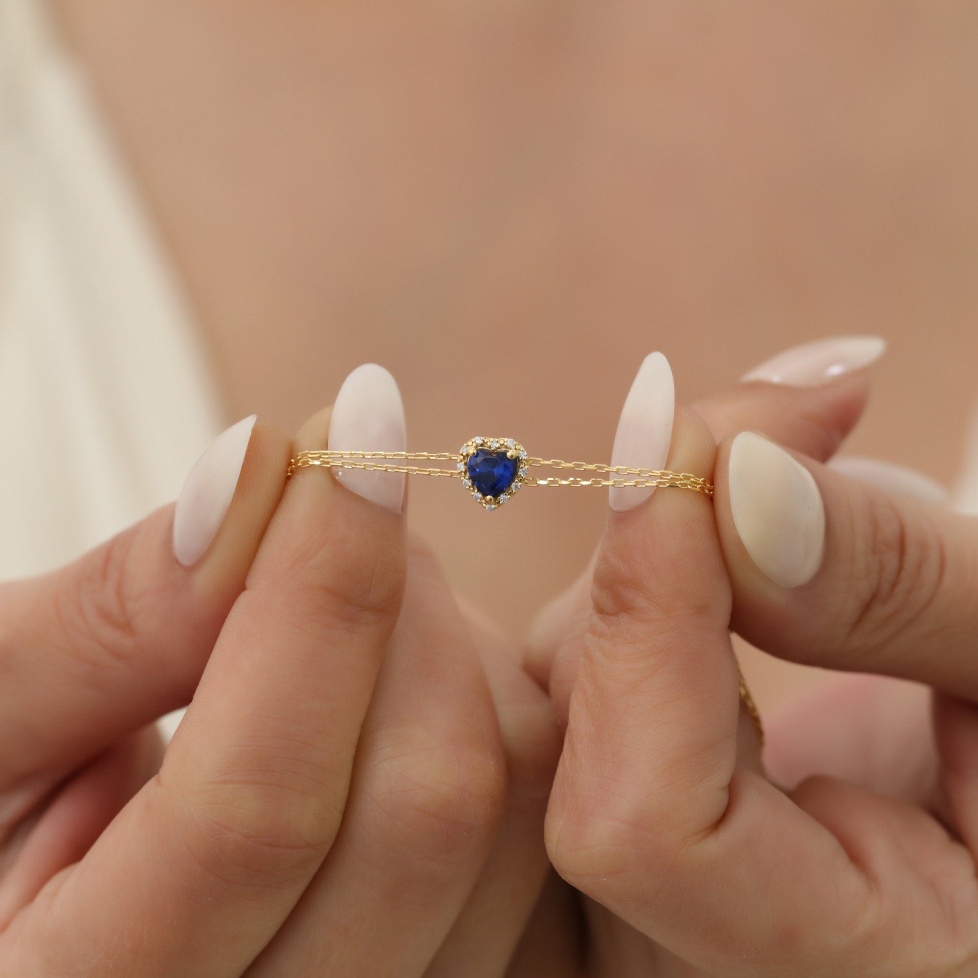 Heart Sapphire Bracelet 14K Solid Gold Real Diamond, Sapphire Birthstone September Jewelry,Perfect Birthday,Anniversary or Mother's Day Gift