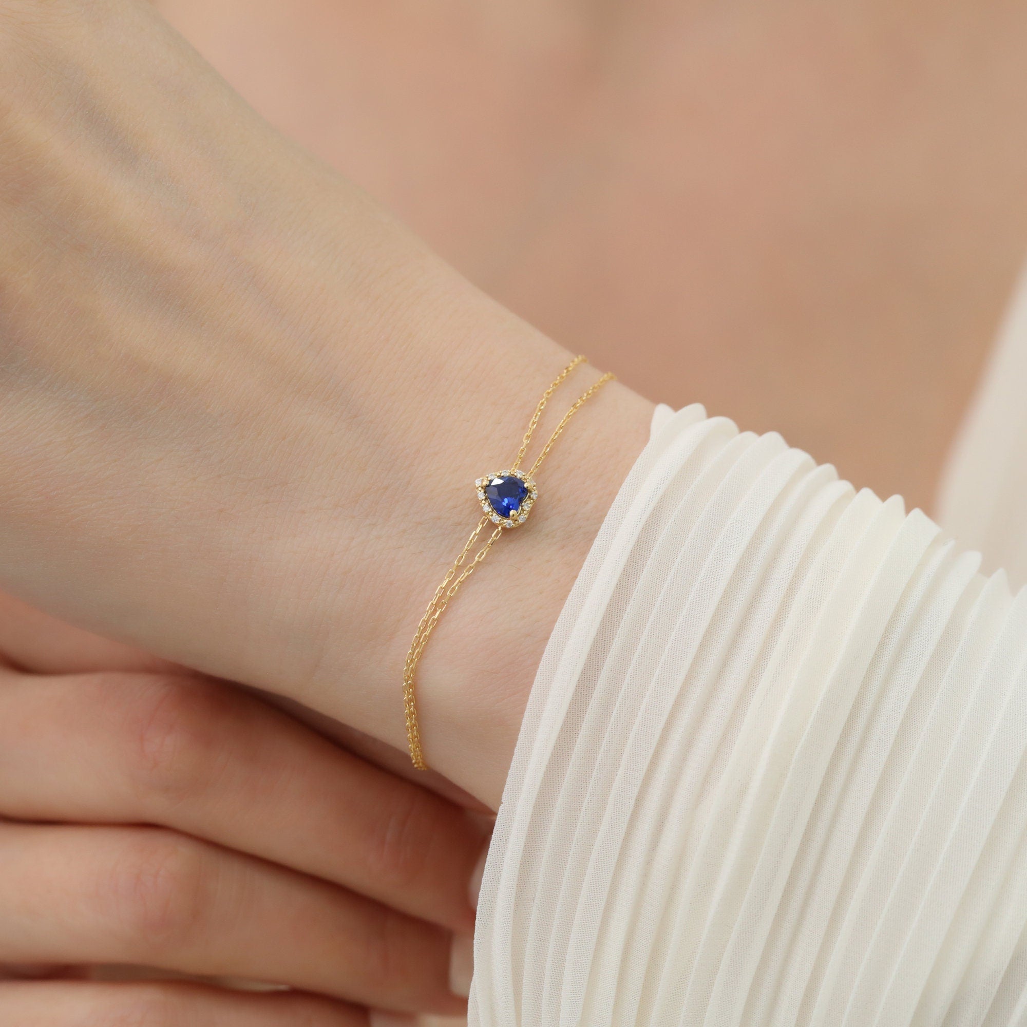 Heart Sapphire Bracelet 14K Solid Gold Real Diamond, Sapphire Birthstone September Jewelry,Perfect Birthday,Anniversary or Mother's Day Gift