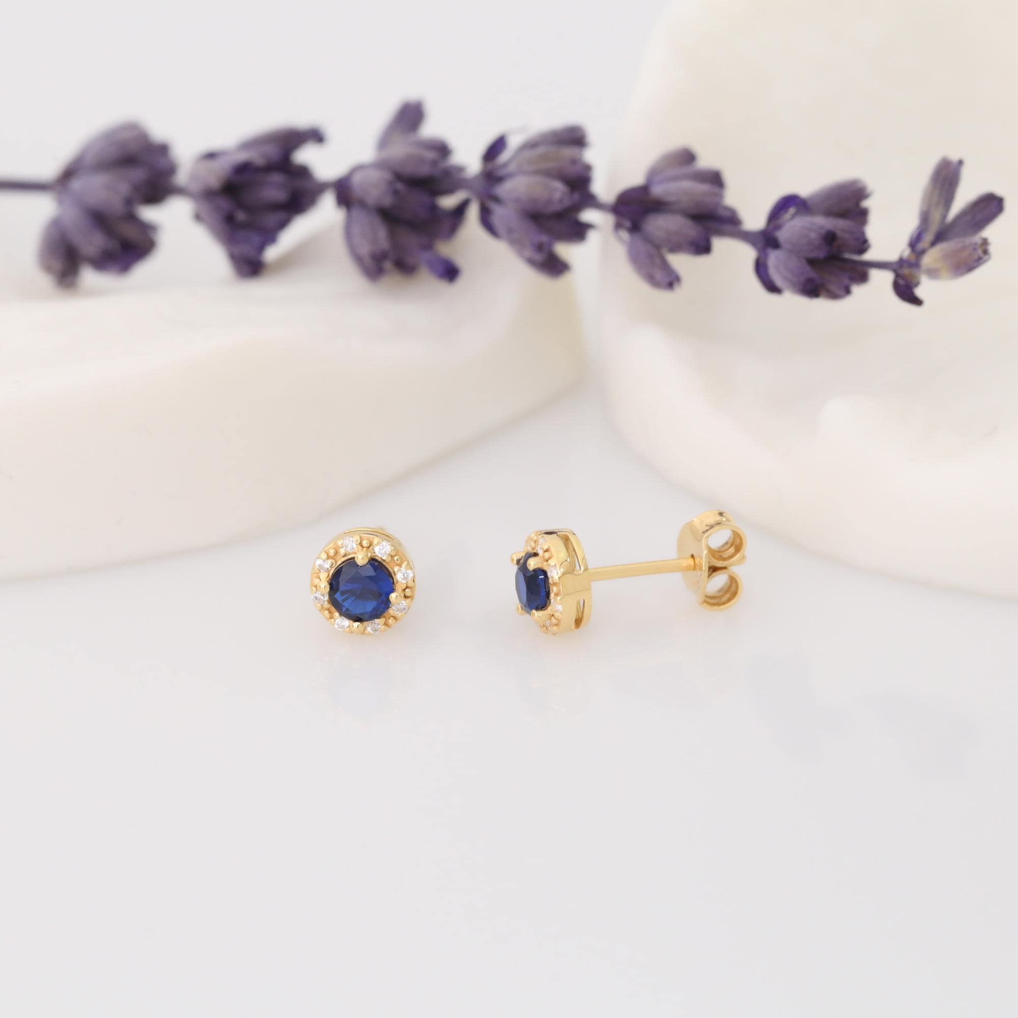 Round Sapphire Stud Earrings 14K Solid Gold Real Diamond, Birthstone Jewelry September,Perfect Anniversary or Christmas or Mother's Day Gift