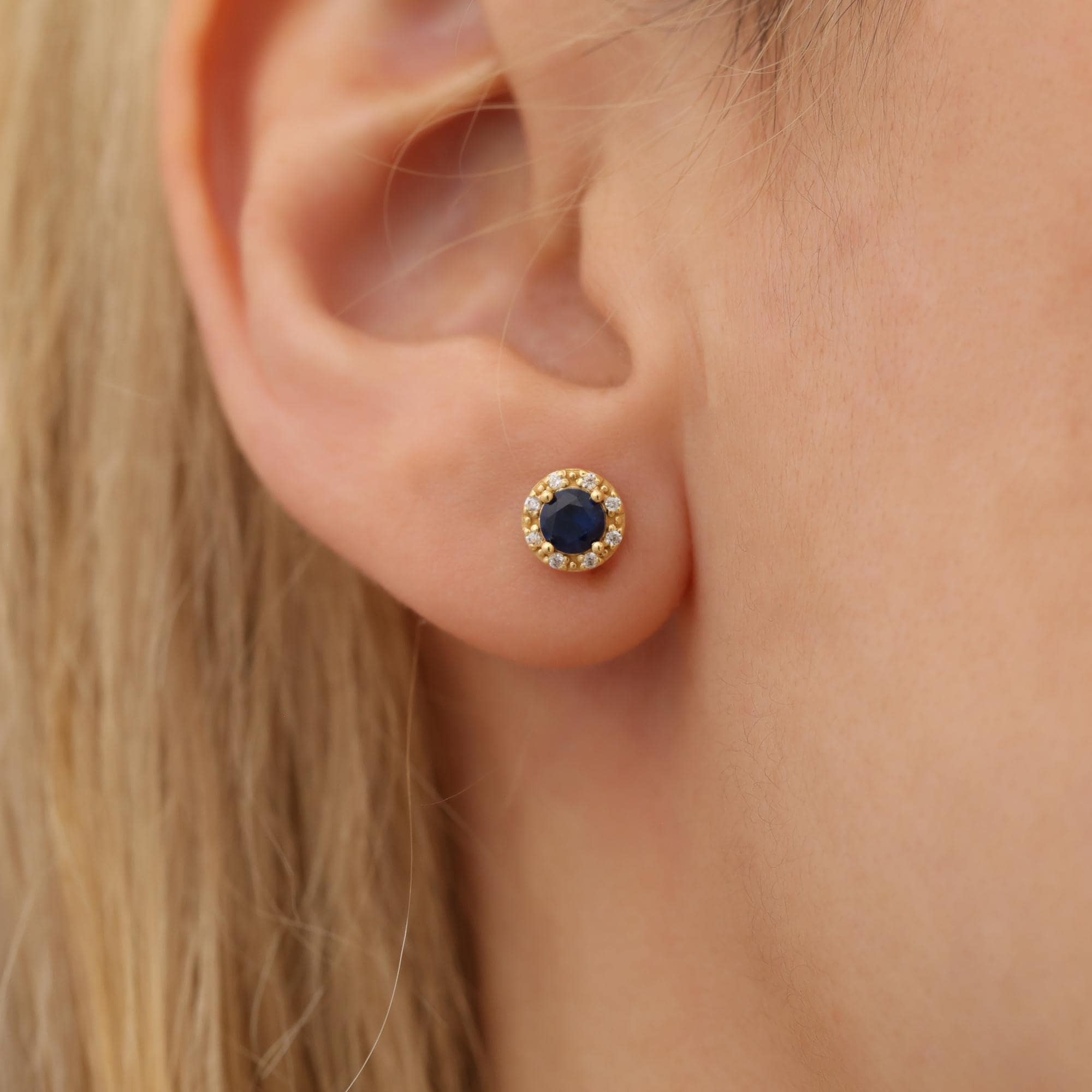 Round Sapphire Stud Earrings 14K Solid Gold Real Diamond, Birthstone Jewelry September,Perfect Anniversary or Christmas or Mother's Day Gift