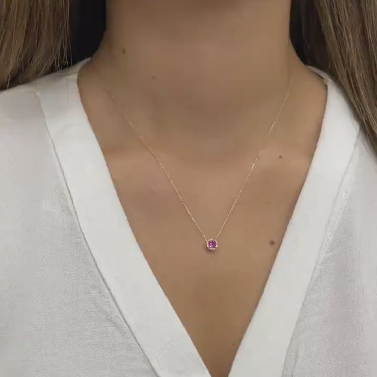 Real Diamond Pink Sapphire Necklace 14K Solid Gold, Minimalist Round Pink Sapphire Birthstone, Necklace, Gift for Mother's Day - Wife