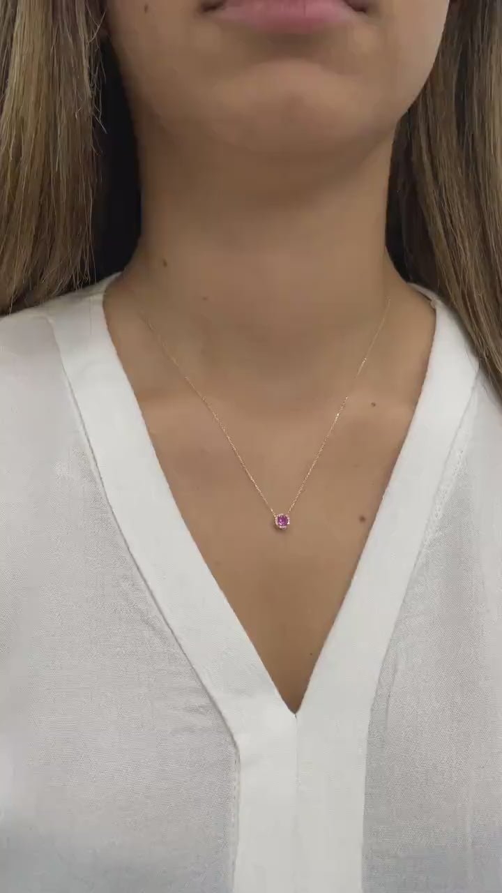 Real Diamond Pink Sapphire Necklace 14K Solid Gold, Minimalist Round Pink Sapphire Birthstone, Necklace, Gift for Mother's Day - Wife