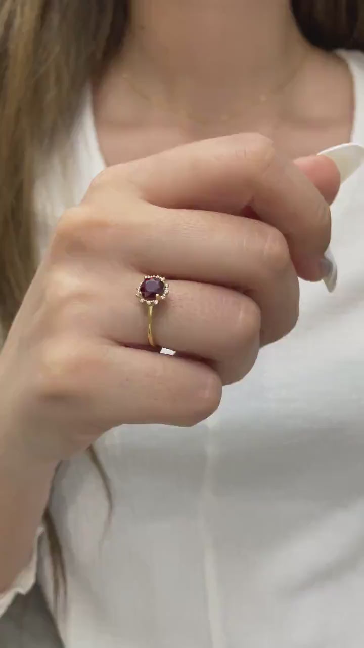 Real Diamond Round Ruby Ring 14K Solid Gold, Ring With Diamonds Around, July Birthday, Perfect Gift for Mother's Day - Girlfriend - Wife