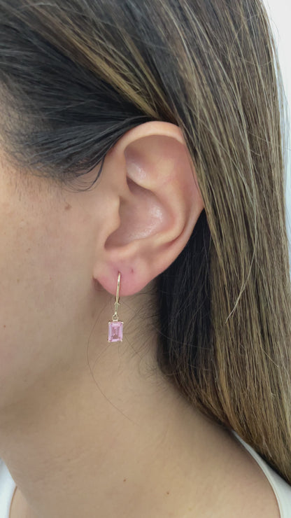 Dangle Rectangle Pink Tourmaline Earring 14K Solid Gold, October Birthstone