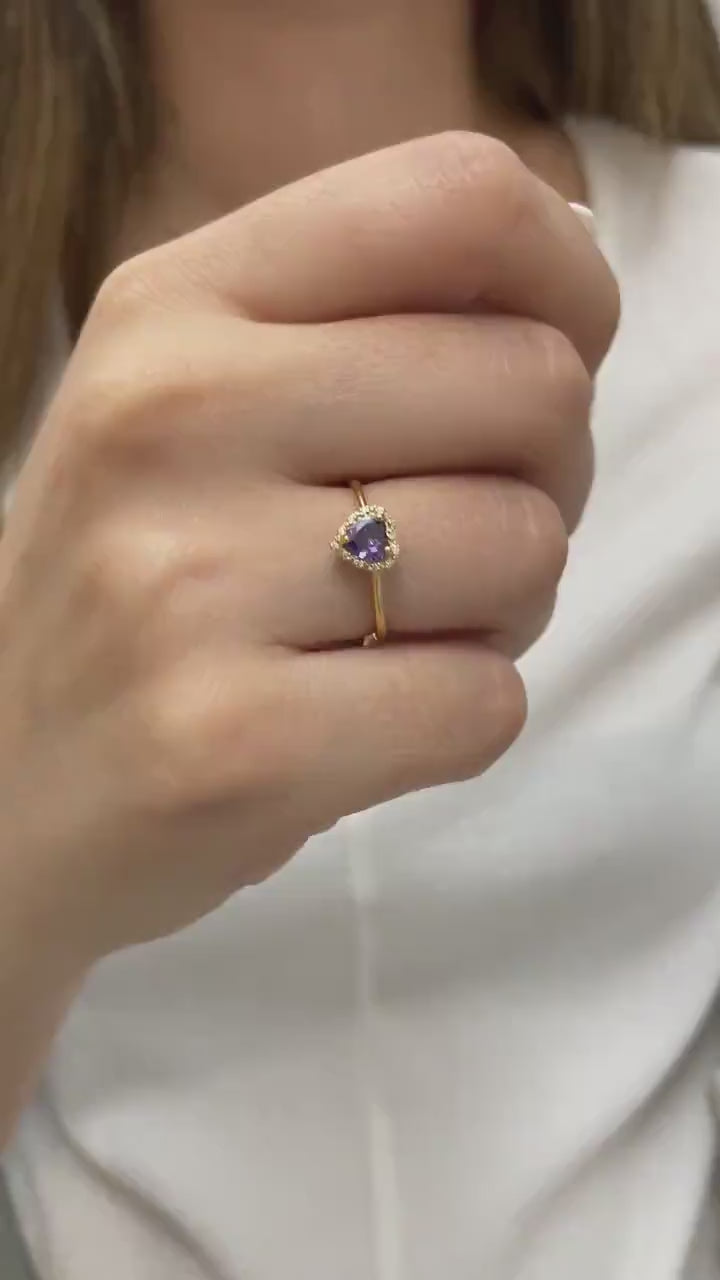 Real Diamond Heart Amethyst Ring 14K Solid Gold, Birthstone, Perfect Gift for Mother's Day - Girlfriend - Wife