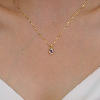 Teardrop Amethyst Necklace surrounded by Real Diamonds 14K Solid Gold, February Birthstone