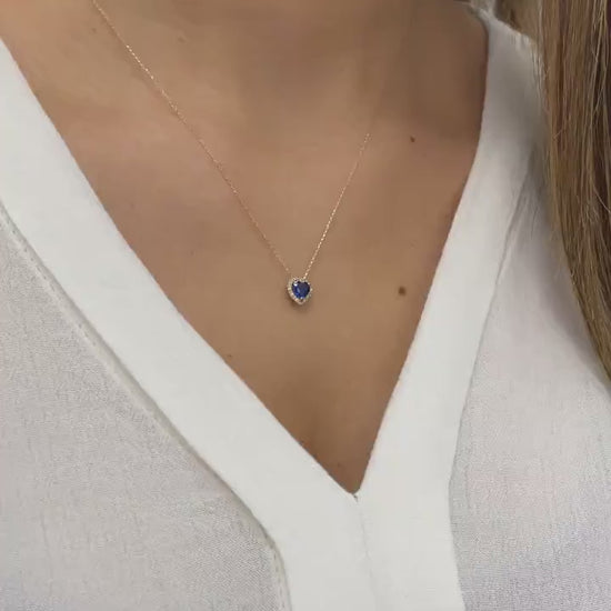 14K Solid Gold Heart Necklace with Real Diamond and Sapphire - Minimalist Love Heart, Perfect Gift for Mother's Day - Girlfriend - Wife