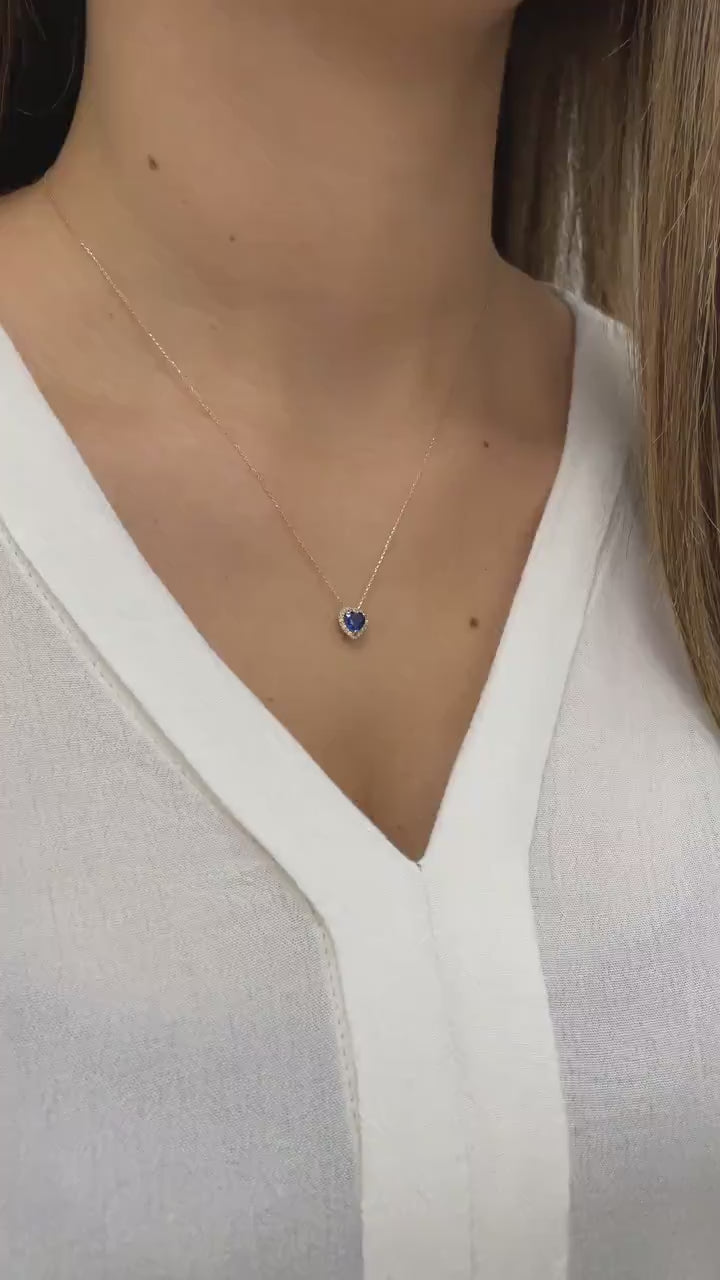 14K Solid Gold Heart Necklace with Real Diamond and Sapphire - Minimalist Love Heart, Perfect Gift for Mother's Day - Girlfriend - Wife