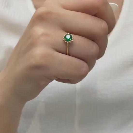 Real Diamond Round Emerald Ring 14K Solid Gold, Birthstone Ring With Diamonds Around, Perfect Gift for Mother's Day - Girlfriend - Wife