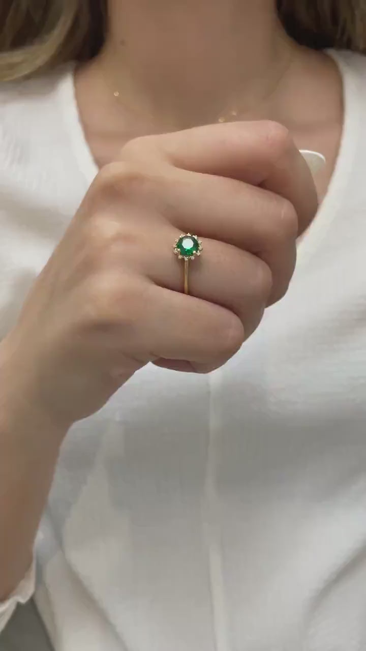 Real Diamond Round Emerald Ring 14K Solid Gold, Birthstone Ring With Diamonds Around, Perfect Gift for Mother's Day - Girlfriend - Wife