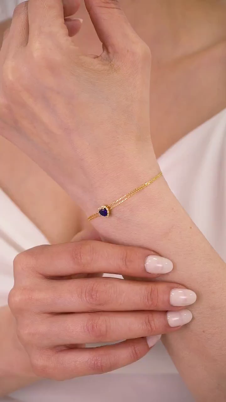 Heart Sapphire Bracelet 14K Solid Gold Real Diamond, Sapphire Birthstone September Jewelry,Perfect Birthday,Anniversary or Mother's Day Gift