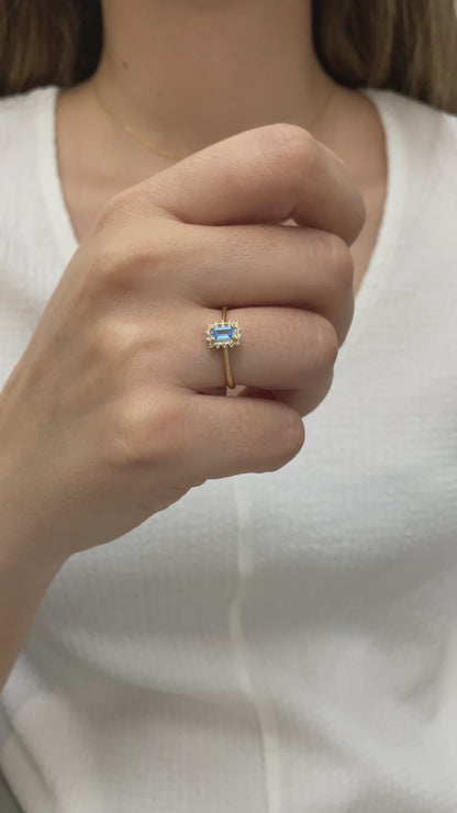 Blue Topaz Rectangle Ring with Real Diamonds, 14K Solid Gold