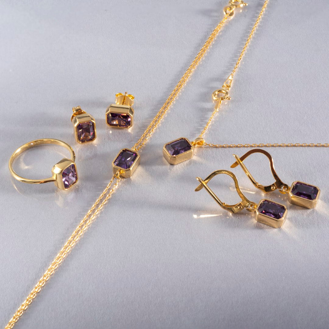 Amethyst Rectangle Bezel Necklace 14K Solid Gold, February Birthstone Pendant