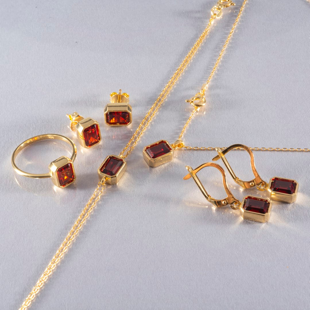 Garnet Rectangle Bezel Necklace 14K Solid Gold, January Birthstone Pendant