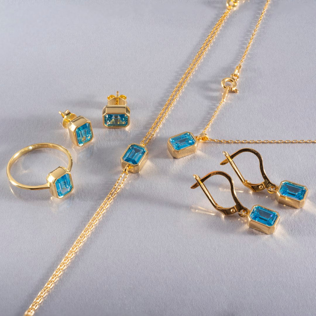 Blue Topaz Rectangle Bezel Necklace 14K Solid Gold, December Birthstone Pendant