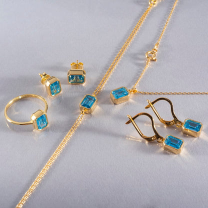 Blue Topaz Rectangle Bezel Necklace 14K Solid Gold, December Birthstone Pendant