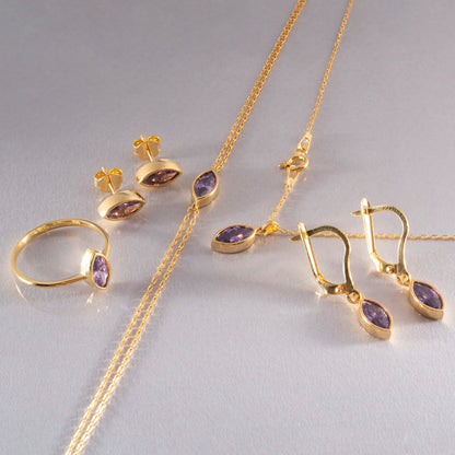 Amethyst Dangle Earrings Bezel Marquise Cut in 14K Solid Gold, February Birthstone Jewelry