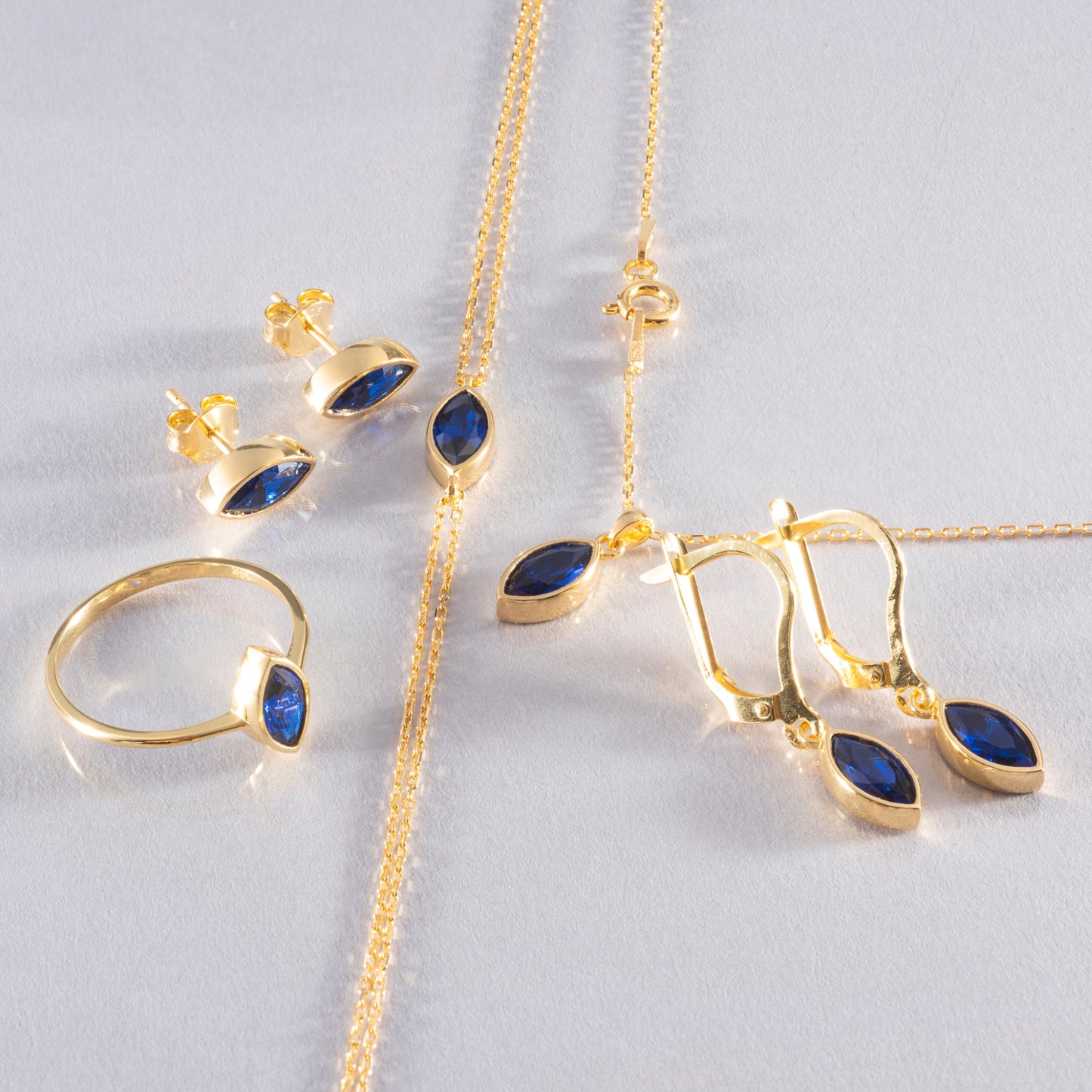 Sapphire Dangle Earrings Bezel Marquise Cut in 14K Solid Gold, September Birthstone Jewelry